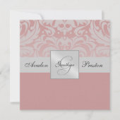 Silver Monogram Linen Damask Pink Uitnodiging (Voorkant)
