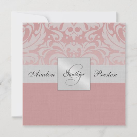 Silver Monogram Linen Damask Pink Uitnodiging (Voorkant)