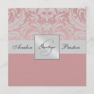 Silver Monogram Linen Damask Pink Uitnodiging