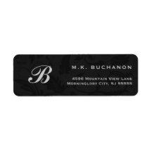 Silver Monogram op Black Damask Return Address