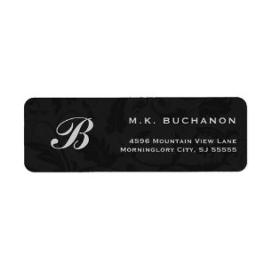 Silver Monogram op Black Damask Return Address Etiket