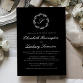 Silver Monogram Wreath Script Black Wedding Folie Uitnodiging