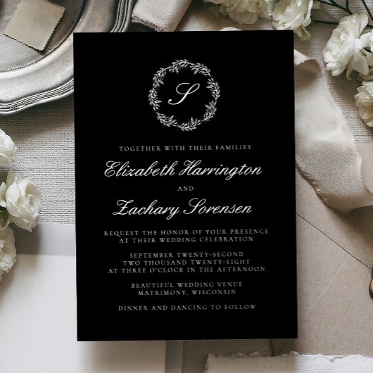 Silver Monogram Wreath Script Black Wedding Folie Uitnodiging