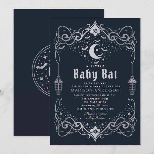 Silver Moon Gothic Baby Bat Lantern Baby shower Kaart (Voorkant / Achterkant)