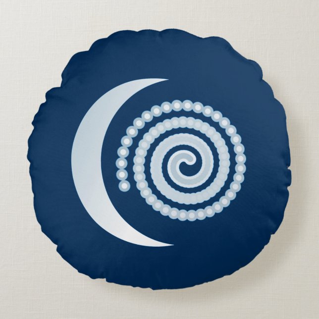 Silver Moon Spiral op donkerblauw Rond Kussen (Voorkant)