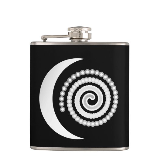 Silver Moon Spiral op zwart Heupfles (Voorkant)