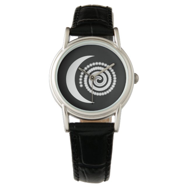 Silver Moon Spiral op zwart Horloge (Voorkant)