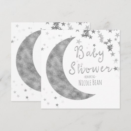 Silver Moon & Stars Baby shower White Invitations Kaart (Voorkant / Achterkant)