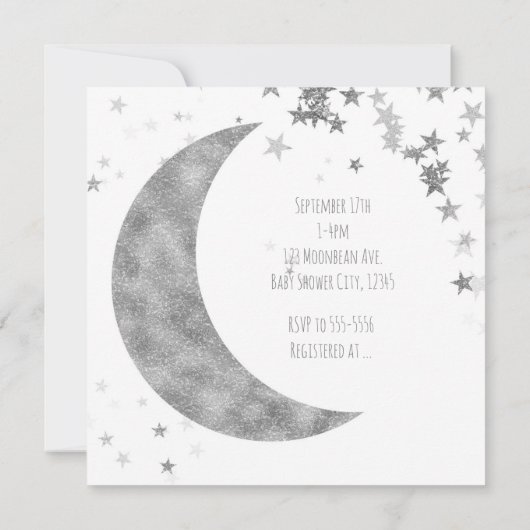 Silver Moon & Stars Baby shower White Invitations Kaart (Achterkant)