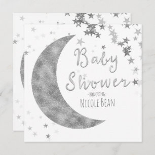 Silver Moon & Stars Baby shower White Invitations Kaart