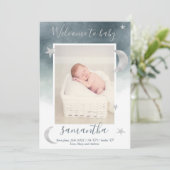 Silver Moon sterren blauwe waterverf foto baby geb Aankondiging (Staand voorkant)