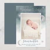 Silver Moon sterren blauwe waterverf foto baby geb Aankondiging (Voorkant / Achterkant)