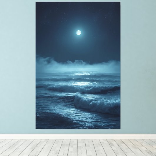 Silver Moonrise – Cinematic Ocean Under the Stars Canvas Afdruk (Insitu (Houten vloer))
