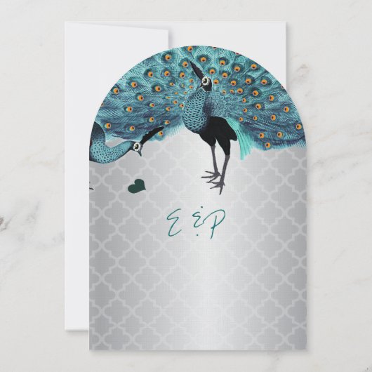 Silver Moroccan Tile Aqua & Coral Peacock Wedding Kaart (Achterkant)