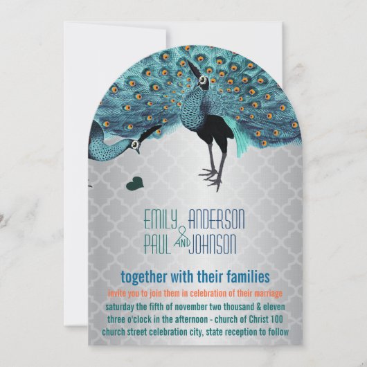 Silver Moroccan Tile Aqua & Coral Peacock Wedding Kaart (Voorkant)