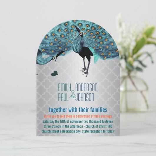 Silver Moroccan Tile Aqua & Coral Peacock Wedding Kaart (Staand voorkant)