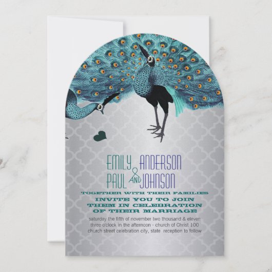 Silver Moroccan Tile Aqua & Coral Peacock Wedding Kaart (Voorkant)