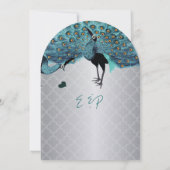 Silver Moroccan Tile Aqua & Coral Peacock Wedding Kaart (Achterkant)