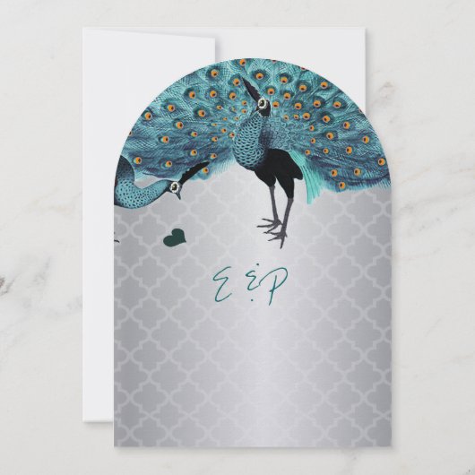 Silver Moroccan Tile Aqua & Coral Peacock Wedding Kaart (Achterkant)