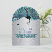 Silver Moroccan Tile Aqua & Coral Peacock Wedding Kaart (Staand voorkant)