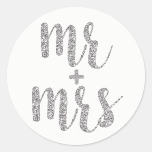Silver Mr & Mrs stickers, glitter, rond Ronde Sticker