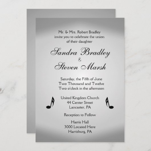 Silver Music Wedding Theme Uitnodiging (Voorkant / Achterkant)