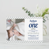 Silver, Mustache | Foto van jongen 1st Birthday Kaart (Staand voorkant)