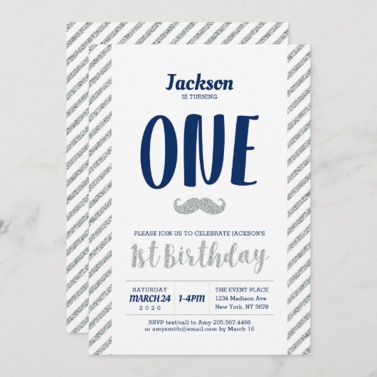 Silver, Mustache | Jongen 1e verjaardag uitnodigin Kaart (Voorkant / Achterkant)