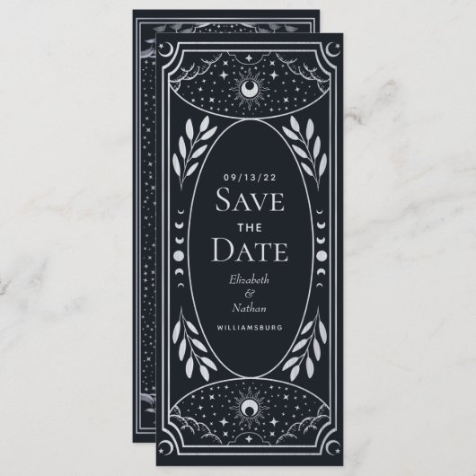 Silver Mystical Sun Moon Tarot Kaart Save the Date (Voorkant / Achterkant)