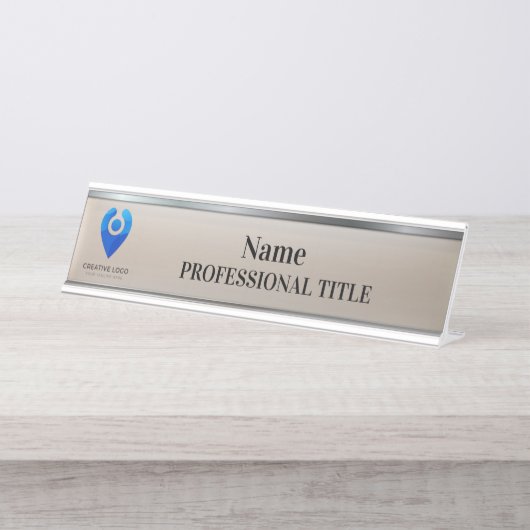  Silver Name Bord met Logo & Slogan Bureau Naambordje (Voorkant)
