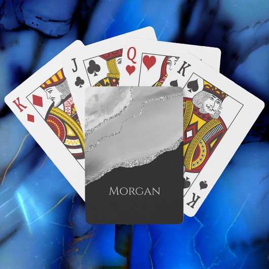 Silver Name, Glitter & Agaat op zwart Pokerkaarten