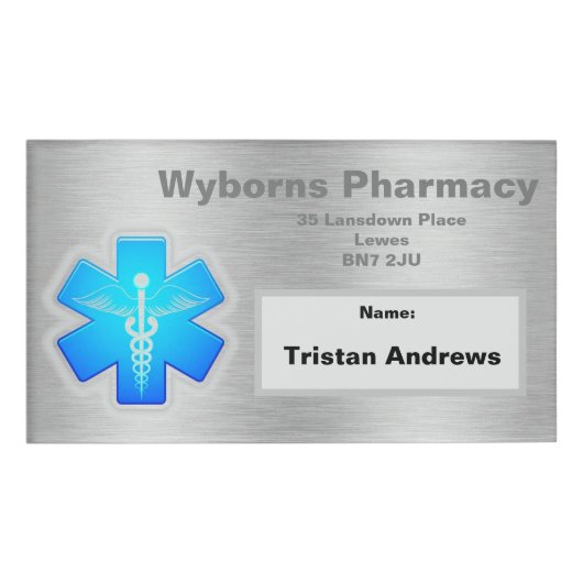 Silver Name tag met apotheeknaam (Voorkant)