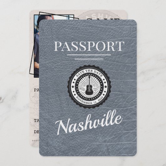 Silver Nashville Passport Bewaar de datum Save The Date (Voorkant / Achterkant)