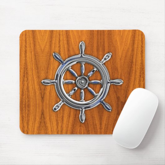 Silver Nautical Wheel op Teak Veneer Print Muismat (Met muis)