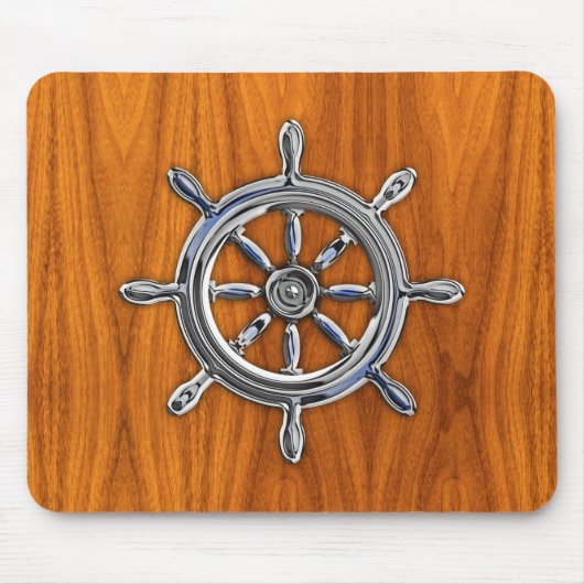 Silver Nautical Wheel op Teak Veneer Print Muismat (Voorkant)