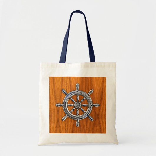 Silver Nautical Wheel op Teak Veneer Print Tote Bag (Voorkant)