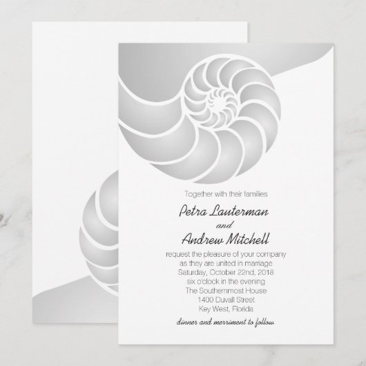 Silver Nautilus Shell Beach Wedding Kaart (Voorkant / Achterkant)
