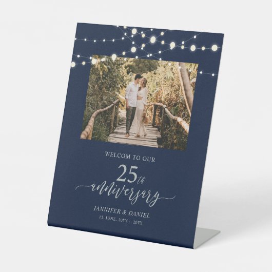 Silver & Navy 25th Wedding Jubileum Welcome Foa Reclamebord Met Voetstuk (Voorkant)