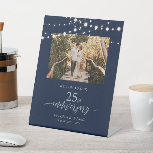 Silver & Navy 25th Wedding Jubileum Welcome Foa Reclamebord Met Voetstuk (Insitu)