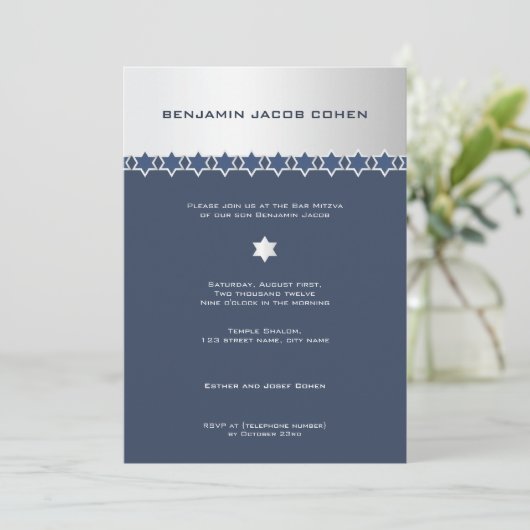 Silver & Navy - Bar Mitzvah Uitnodiging (Staand voorkant)