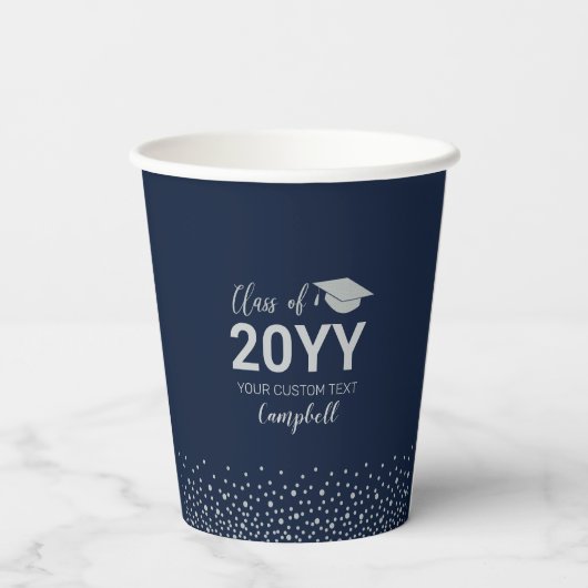 Silver & Navy blauw Confetti Graduation Party Papieren Bekers (Achterkant)
