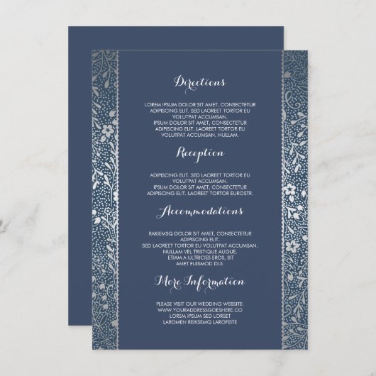 Silver Navy Bloemen Trouwdetails - Informatie Informatiekaartje (Voorkant / Achterkant)