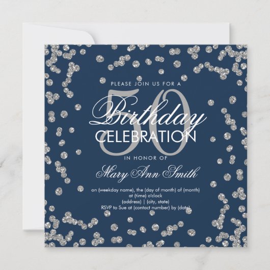Silver Navy Blue 50th Birthday Glitter Confetti Kaart (Voorkant)
