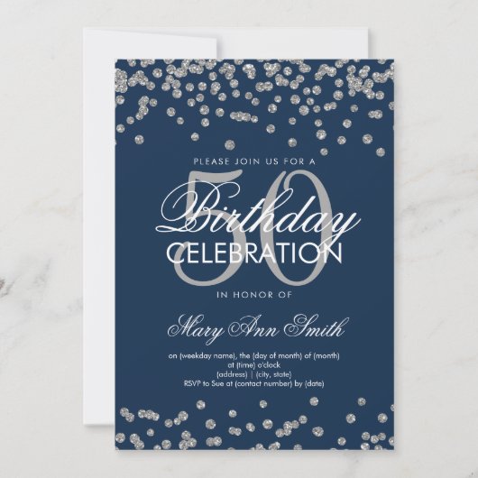 Silver Navy Blue 50th Birthday Glitter Confetti Kaart (Voorkant)