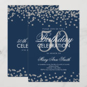 Silver Navy Blue 50th Birthday Glitter Confetti Kaart (Voorkant / Achterkant)