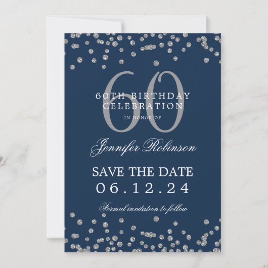 Silver Navy Blue 60th Birthday Save Date Confetti Kaart (Voorkant)