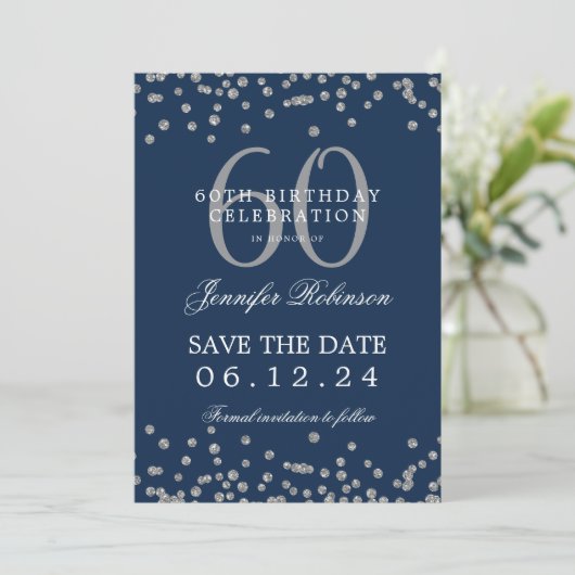 Silver Navy Blue 60th Birthday Save Date Confetti Kaart (Staand voorkant)