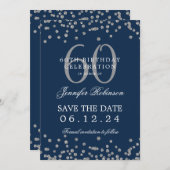 Silver Navy Blue 60th Birthday Save Date Confetti Kaart (Voorkant / Achterkant)