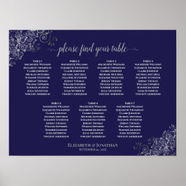 Silver & Navy Blue 7 Table Wedding Seating Chart Poster