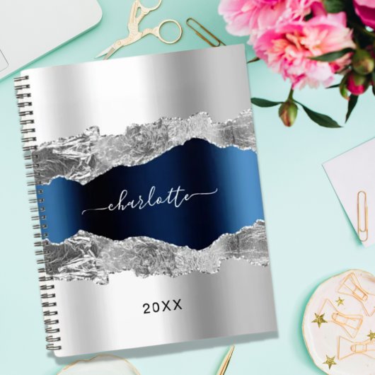Silver navy blue agate marble name elegant 2023 planner